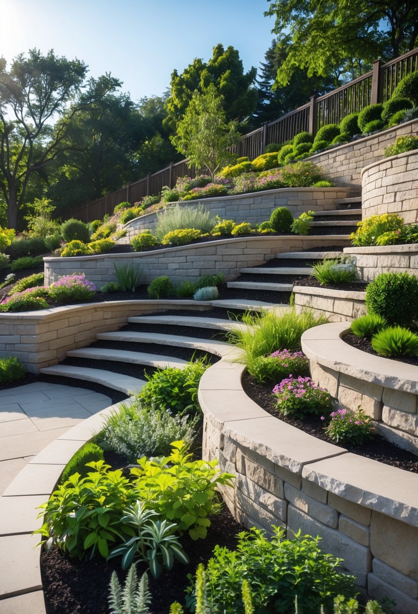 A garden with curved stone retaining walls and built-in wooden seating on a steep slope, surrounded by plants and trees.