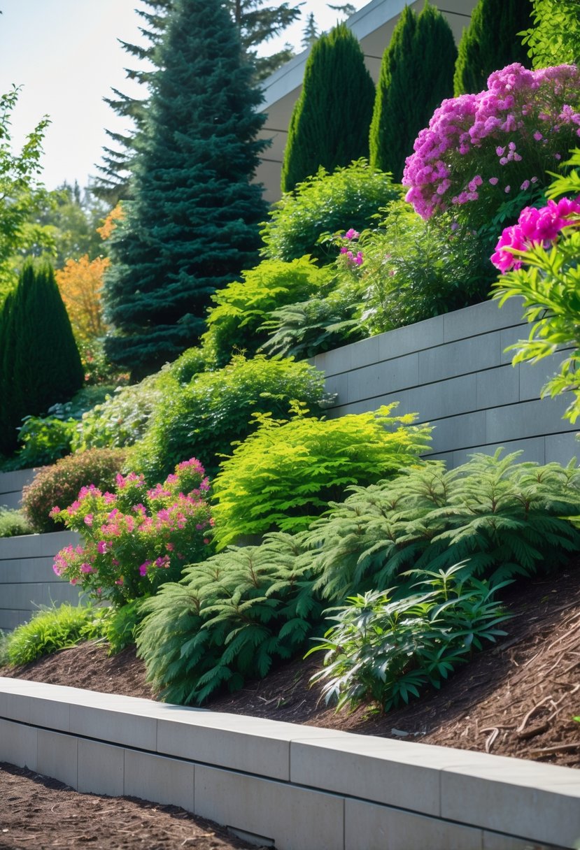 A steep garden bank covered with a mix of evergreen shrubs and colorful flowering plants under natural sunlight.