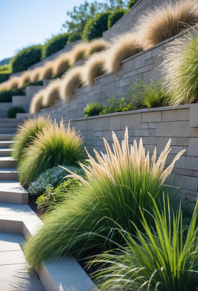 Steep garden bank with layered ornamental grasses in various shades arranged in natural layers.
