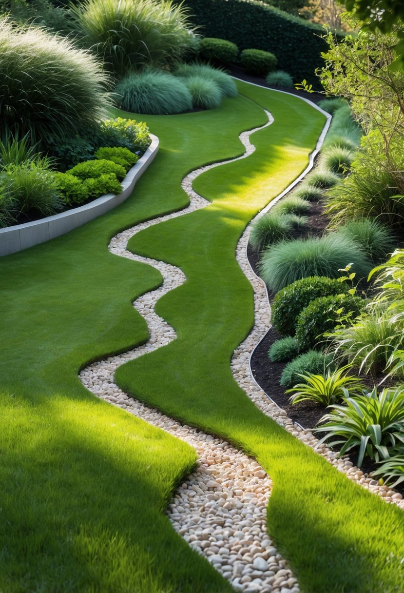 A steep garden slope with winding mown grass paths and green plants along the edges.