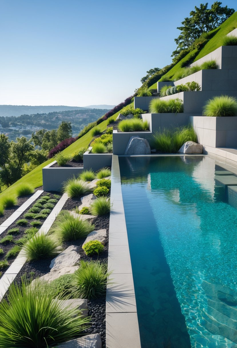 Infinity-edge swimming pool overlooking a steep garden slope with lush greenery and distant hills.