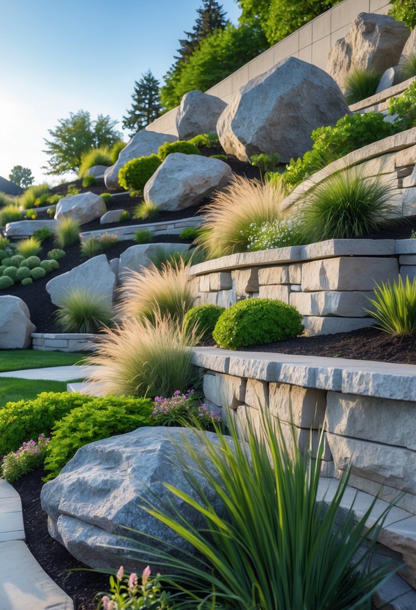 Steep garden with large boulders surrounded by green plants and flowers on a sunny day.