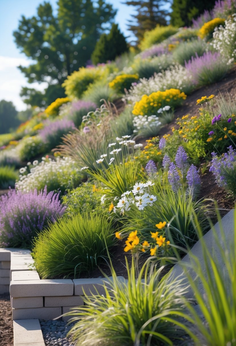 Steep garden bank covered with colorful wildflowers and green plants under a clear sky.