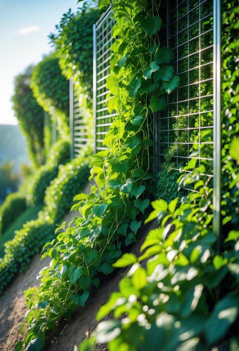 A steep garden slope covered with green vines cascading over wire trellises.