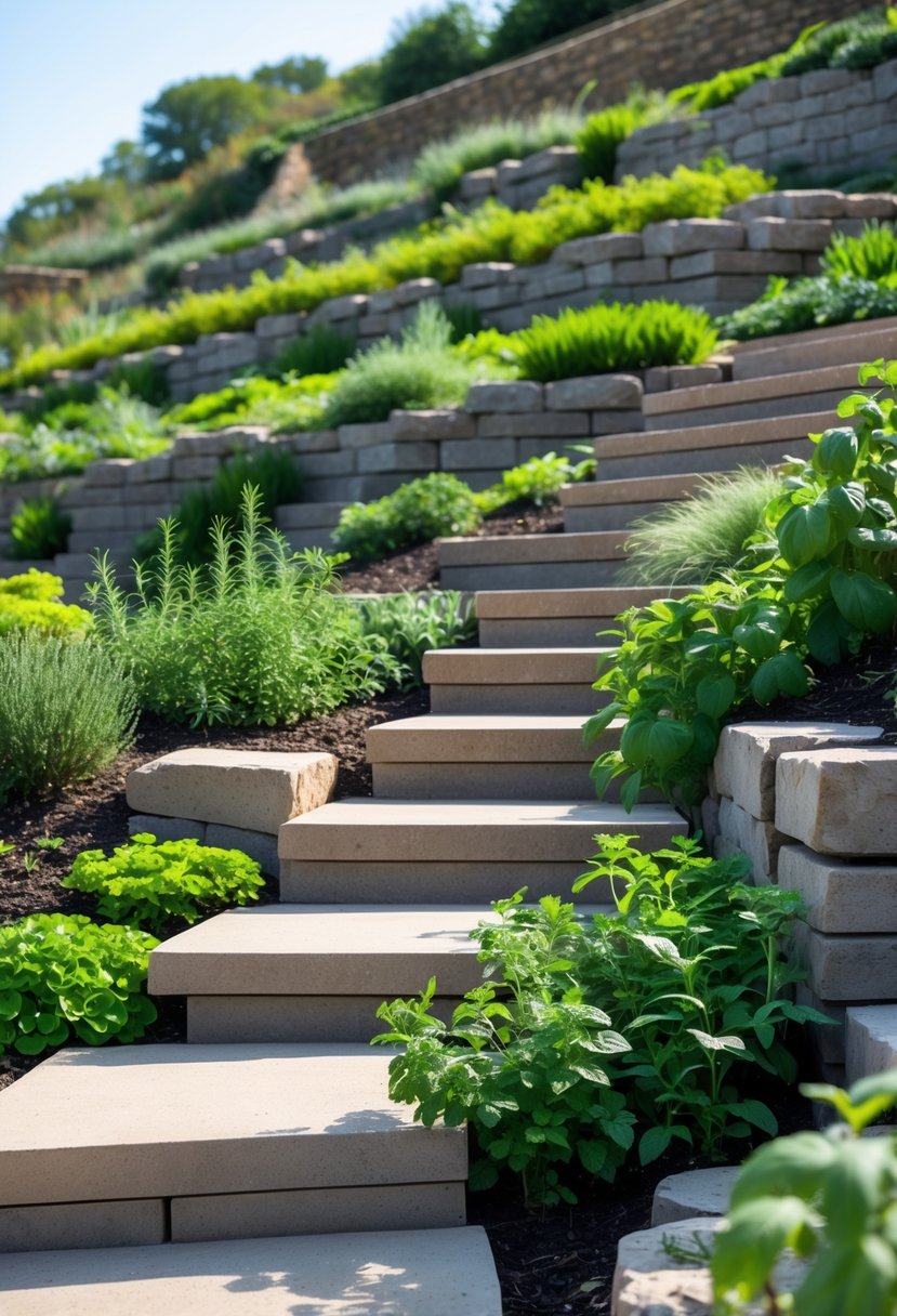 Terraced herb garden on a steep hillside with stone steps and various green herbs growing on multiple levels.