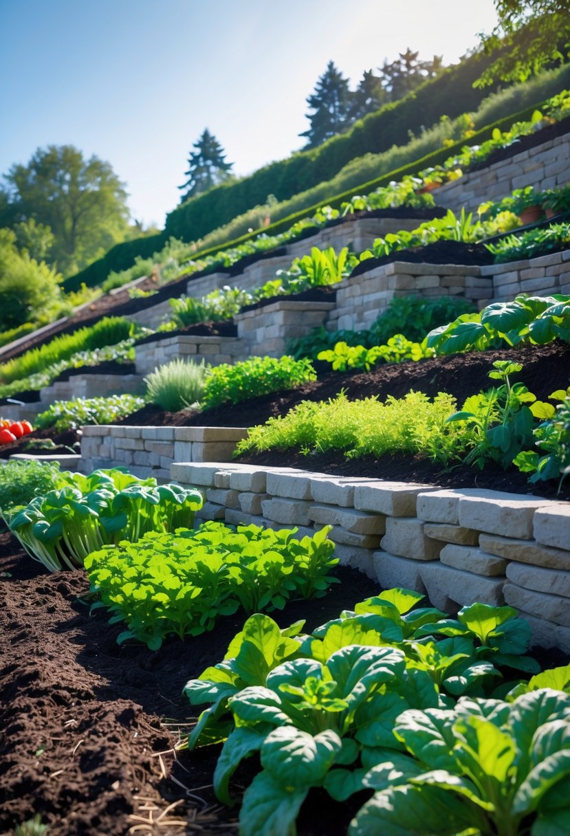 Steep terraced vegetable garden beds mulched with dark organic material, growing various healthy vegetables supported by stone retaining walls on a hillside.
