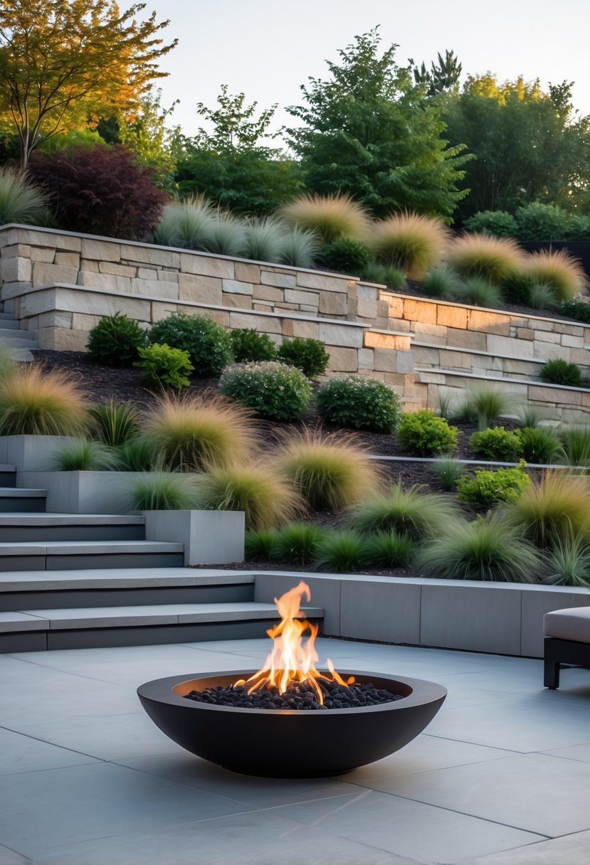 Outdoor fire pit on a flat terrace with seating, overlooking a steep garden bank with greenery and stone retaining walls.