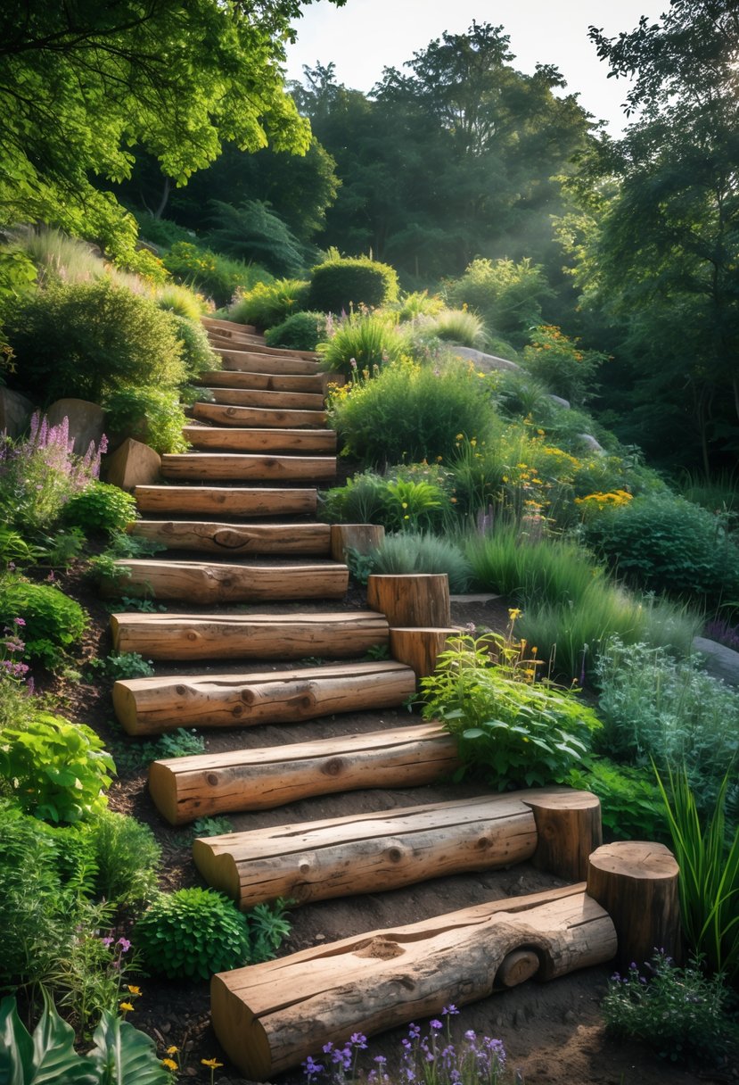 A steep garden slope with rustic log staircases surrounded by green plants and wildflowers.