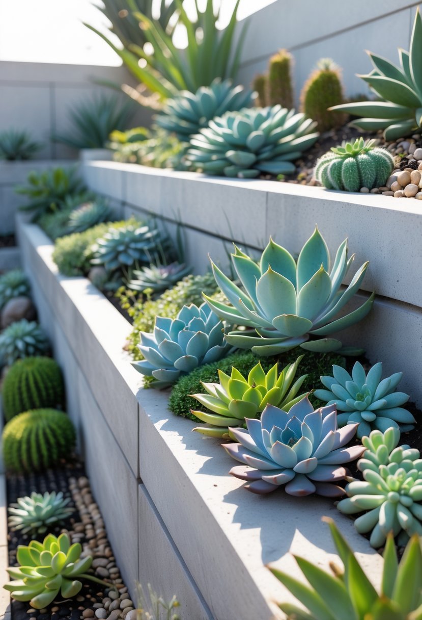 A modern steep garden with stone ledges filled with various succulent plants in different shapes and colors under natural sunlight.