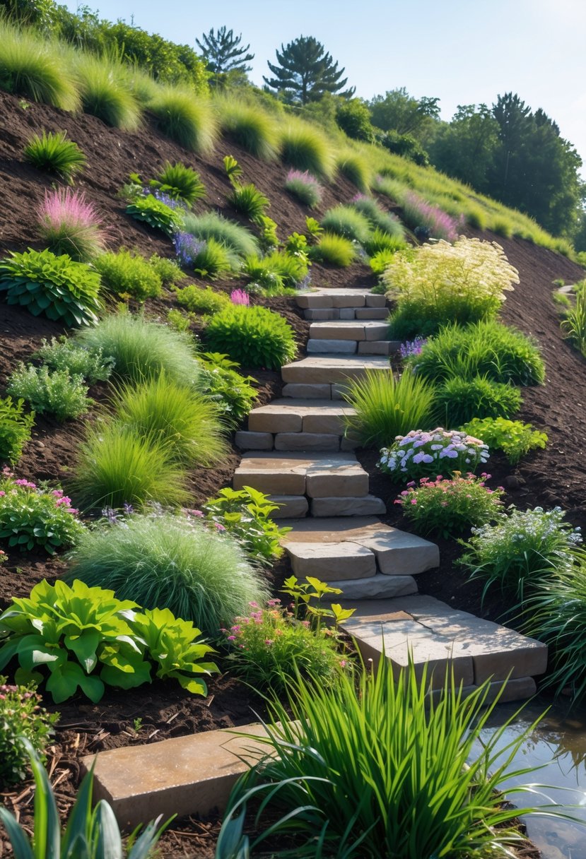 A rain garden on a steep slope with diverse plants and stone terraces designed to manage water runoff.