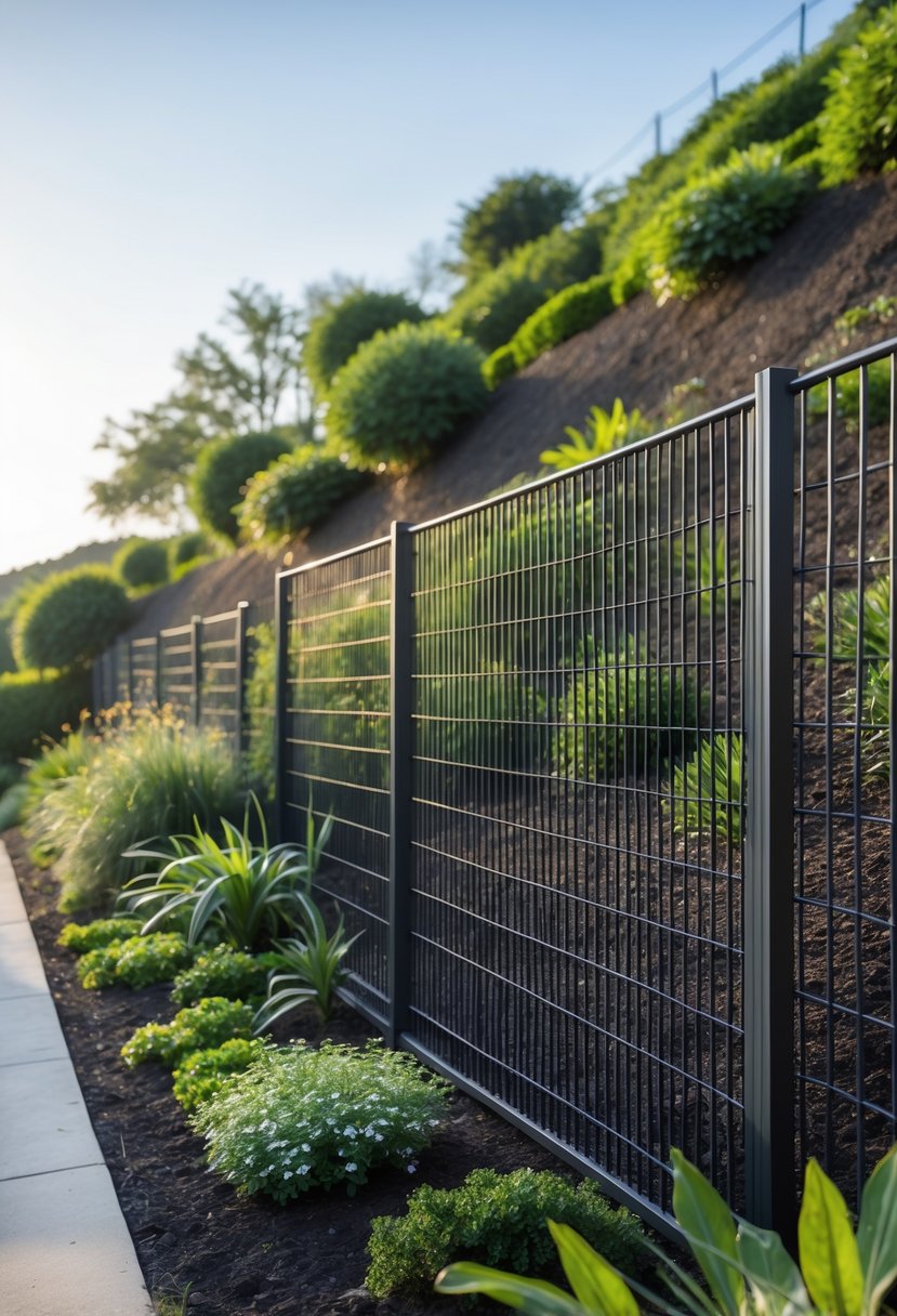 A steep garden slope with a low metal fence and various green plants and flowers.