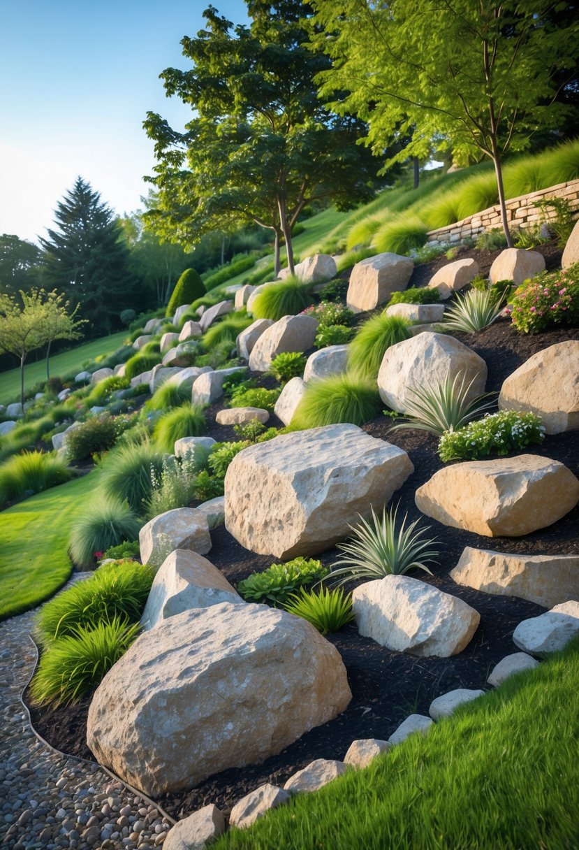 A steep garden bank with large decorative boulders placed among green grass and plants under a clear blue sky.