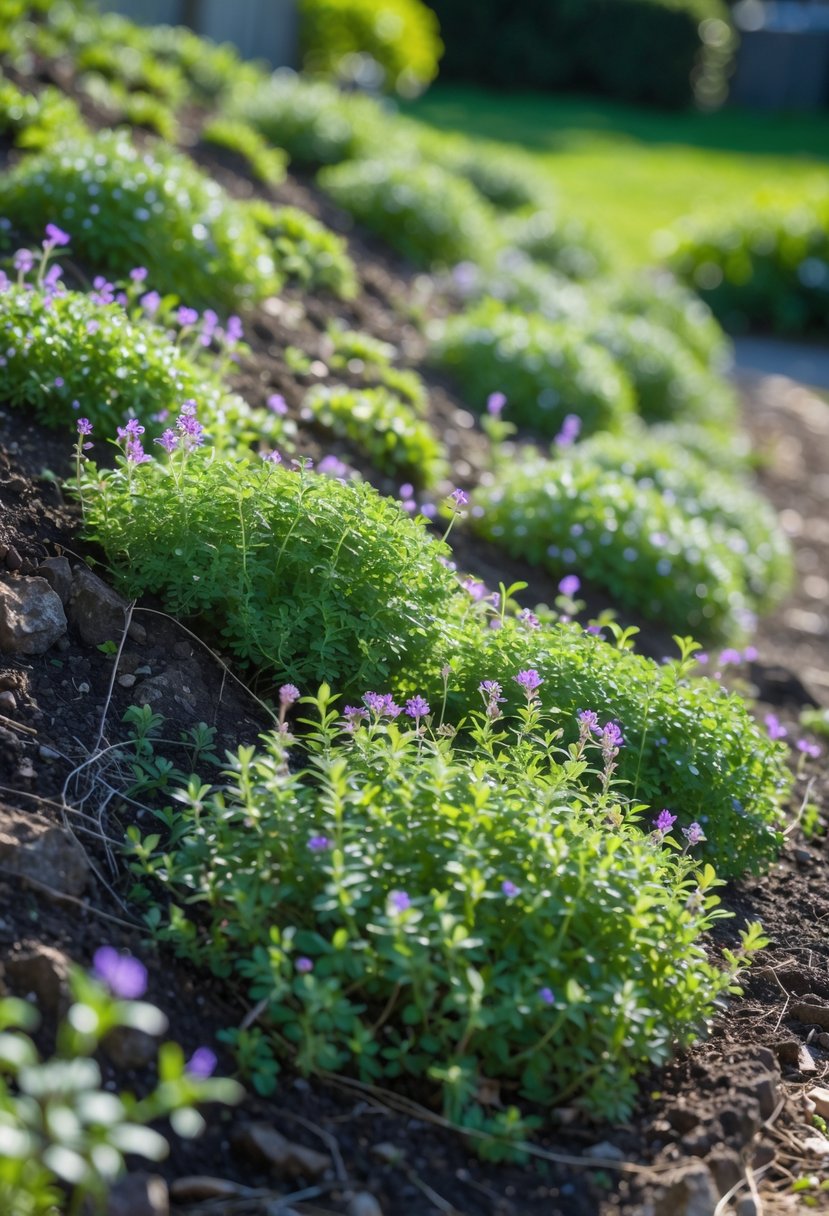 A gently sloping garden bank densely covered with green creeping thyme plants with small purple flowers.