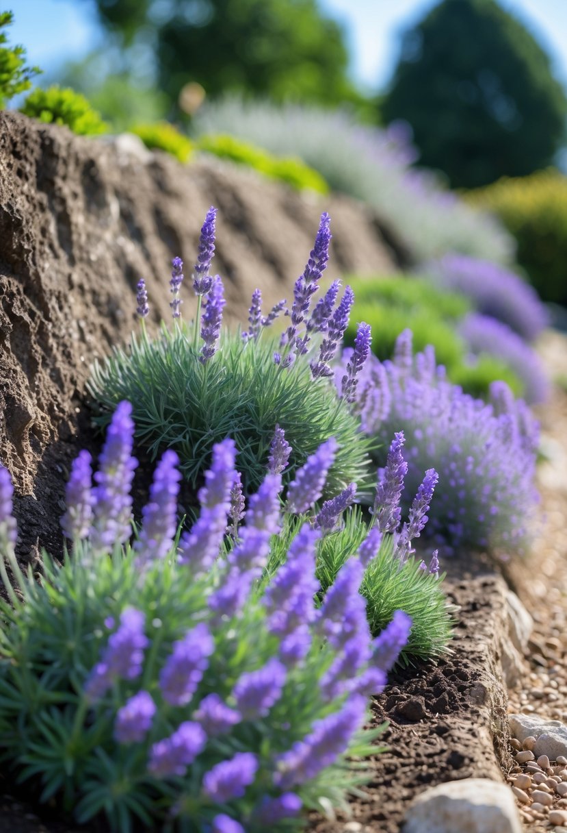 A steep garden bank with a neat border of blooming lavender plants with purple flowers and green leaves.
