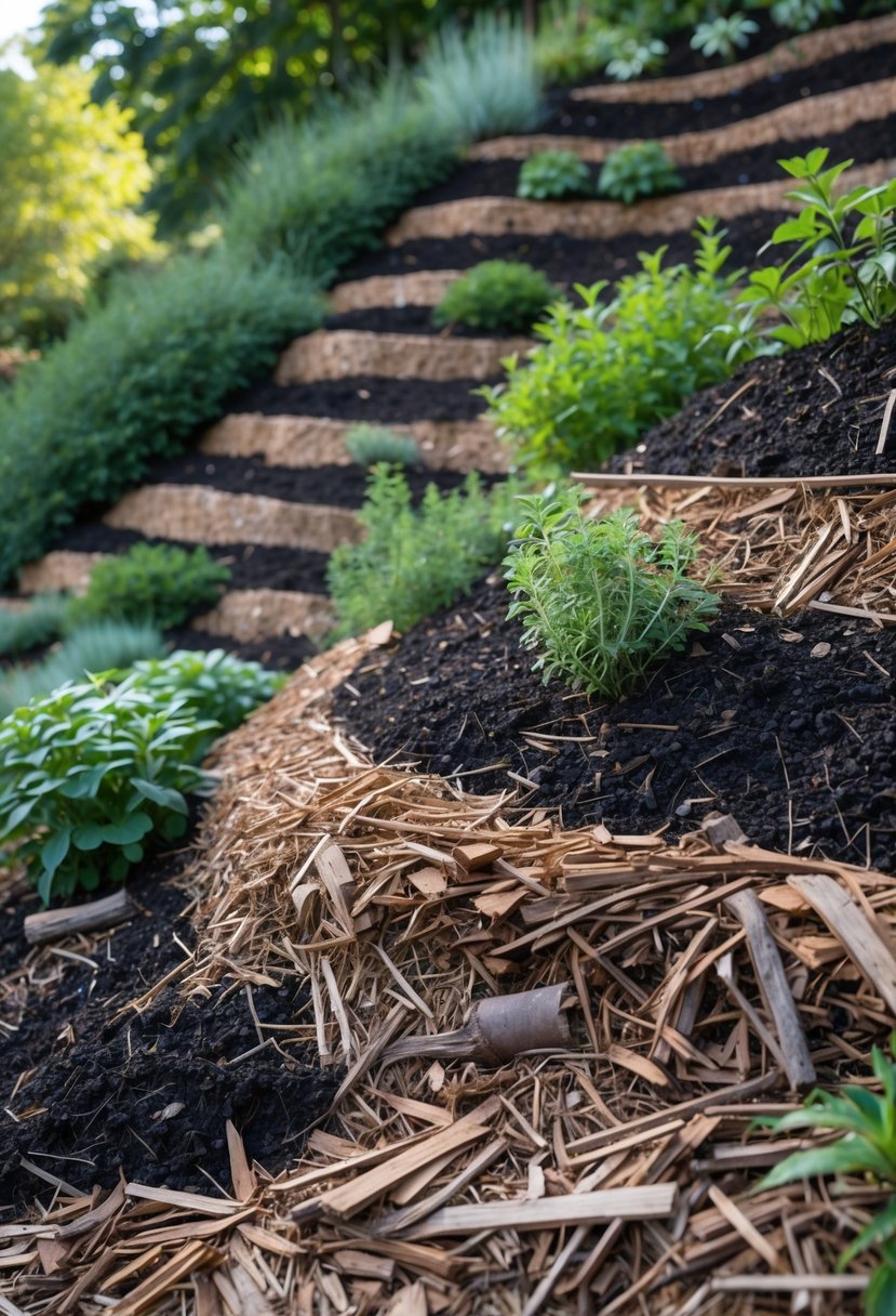 A steep garden bank covered with layers of mulch and green plants to prevent soil erosion and retain moisture.