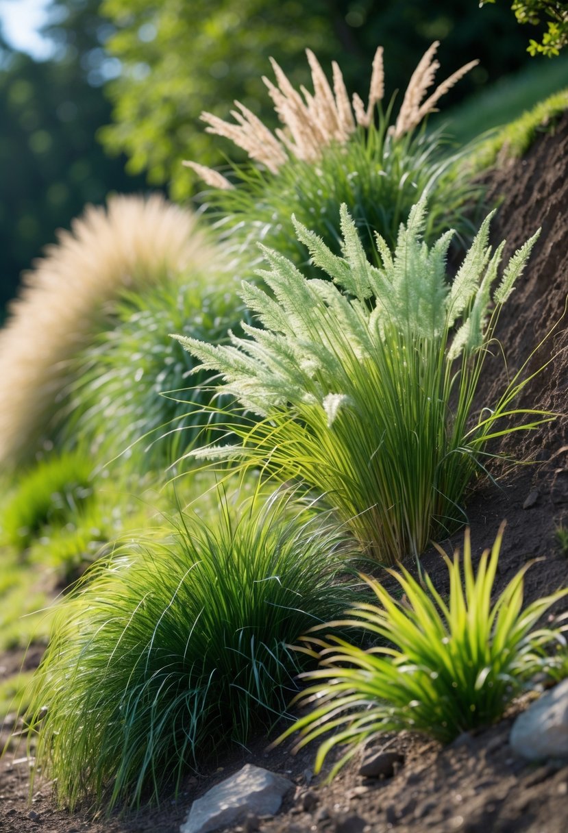 A steep garden bank planted with various ornamental grasses gently swaying in the breeze.