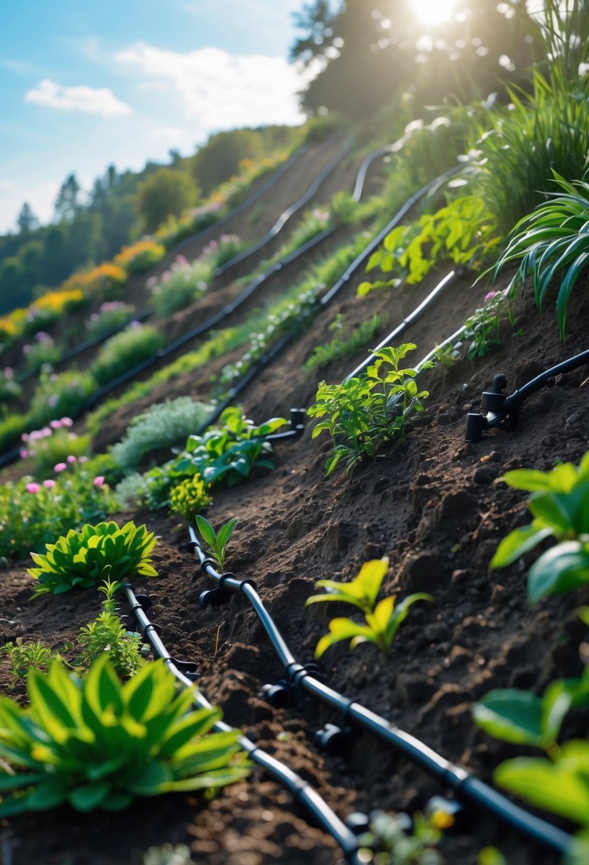 A sloped garden with green plants and black drip irrigation tubing delivering water to the soil.