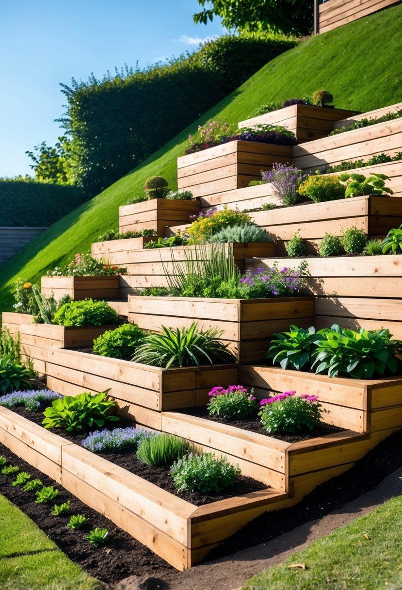 A steep garden slope with several raised wooden planter boxes arranged in terraces, filled with green plants and flowers.