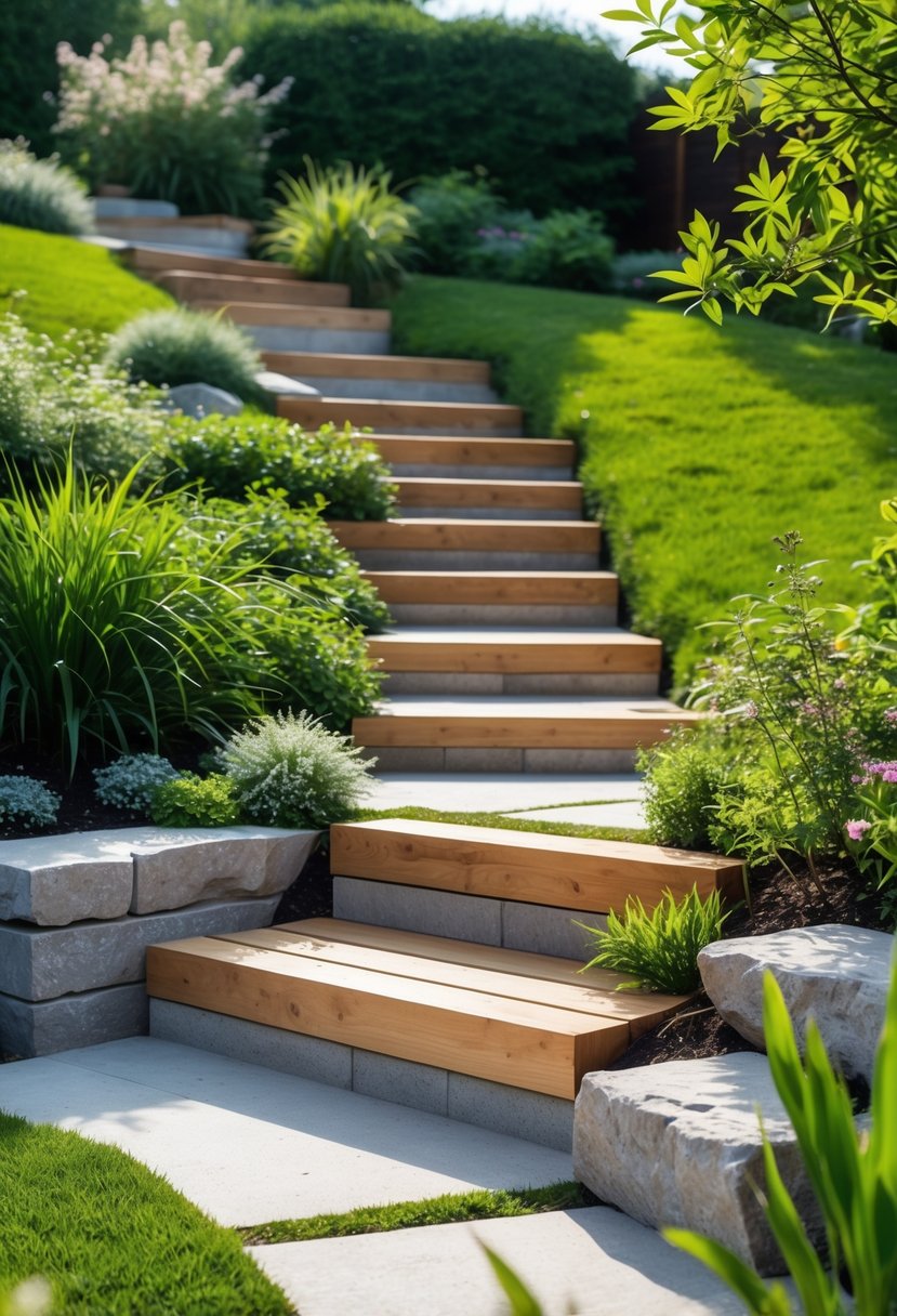 A garden with a steep bank featuring timber and stone steps surrounded by grass and plants.