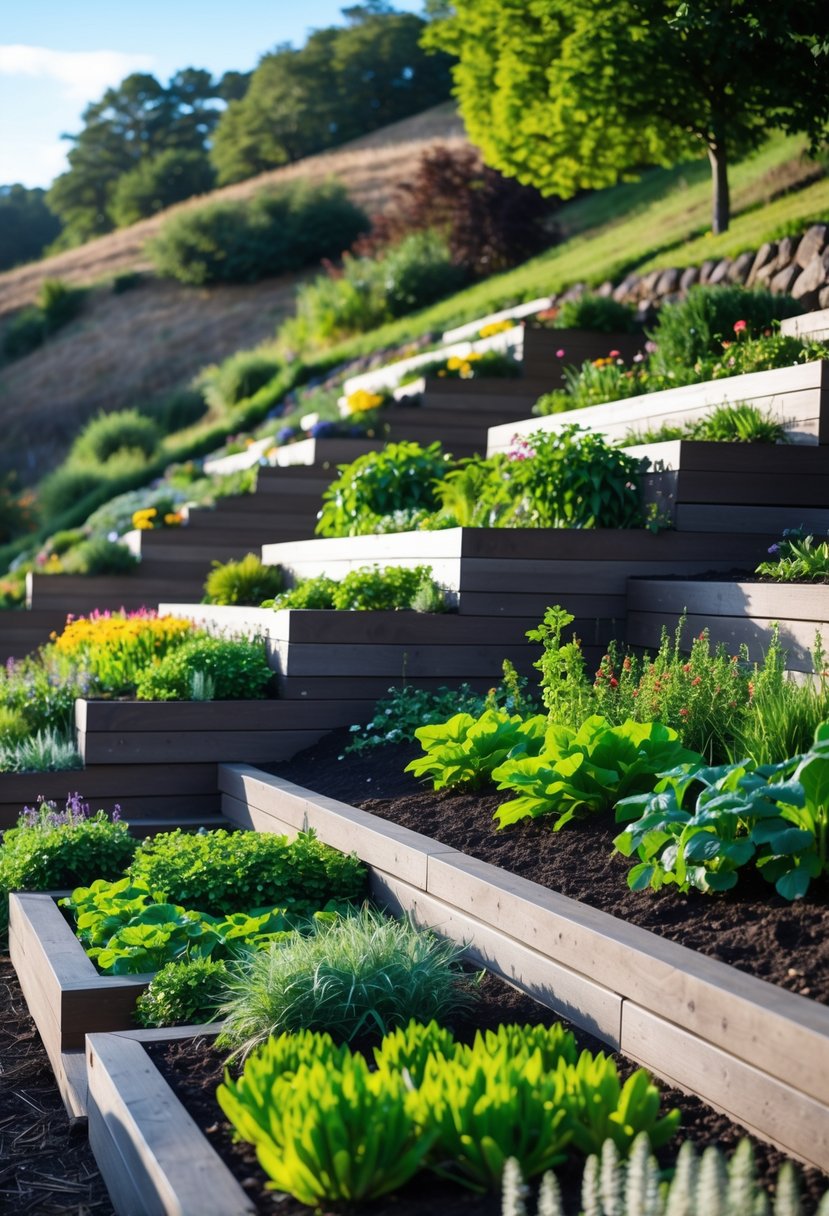 Terraced garden beds on a gentle slope with green plants and flowers, designed to prevent soil erosion.