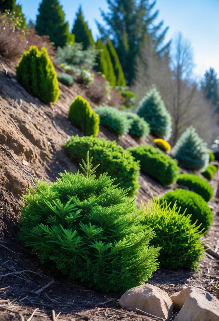 A steep garden bank planted with various small dwarf conifer shrubs arranged to provide year-round greenery.