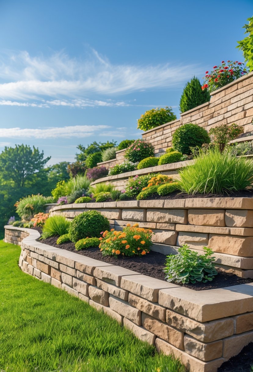 A garden on a slope with stone retaining walls, green grass, and colorful plants under a clear sky.