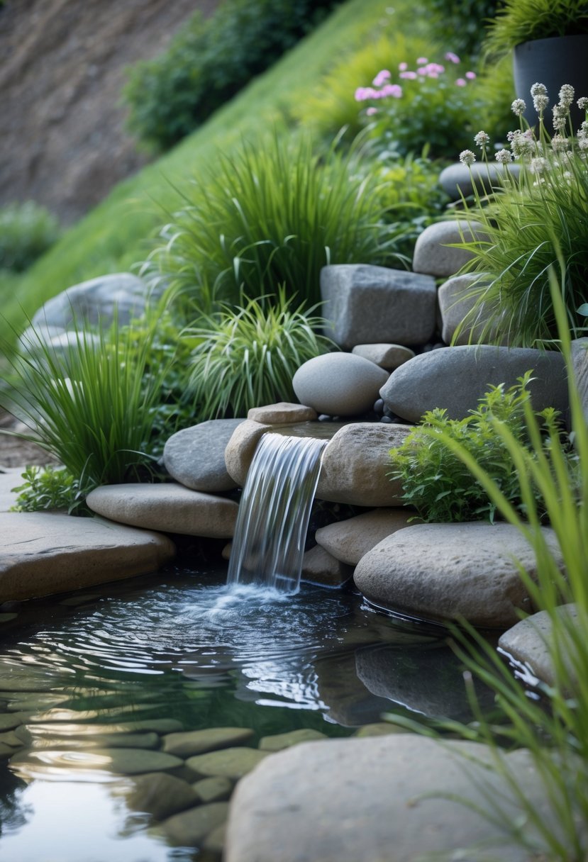 A small water feature with a gentle stream flowing over rocks into a pond surrounded by green plants on a steep garden bank.