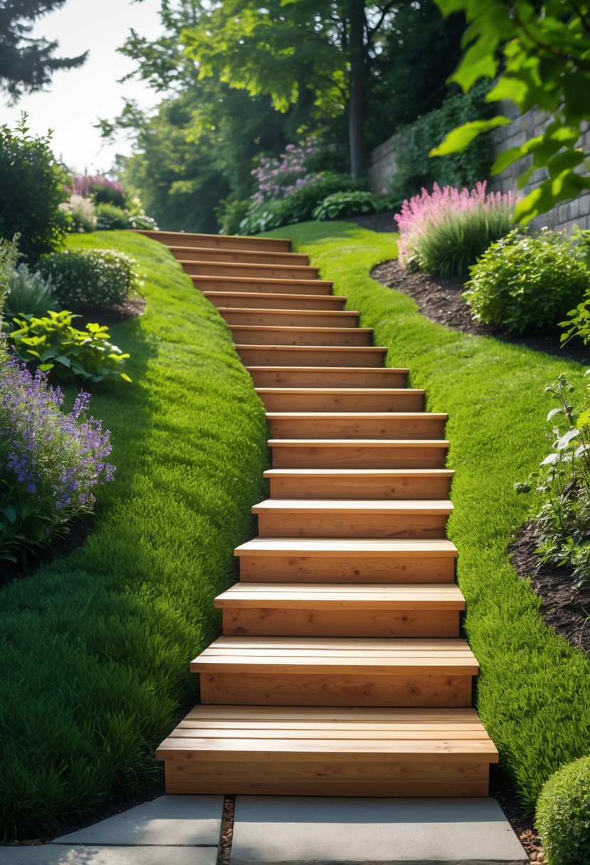 Wooden steps built into a grassy garden slope surrounded by plants and flowers.