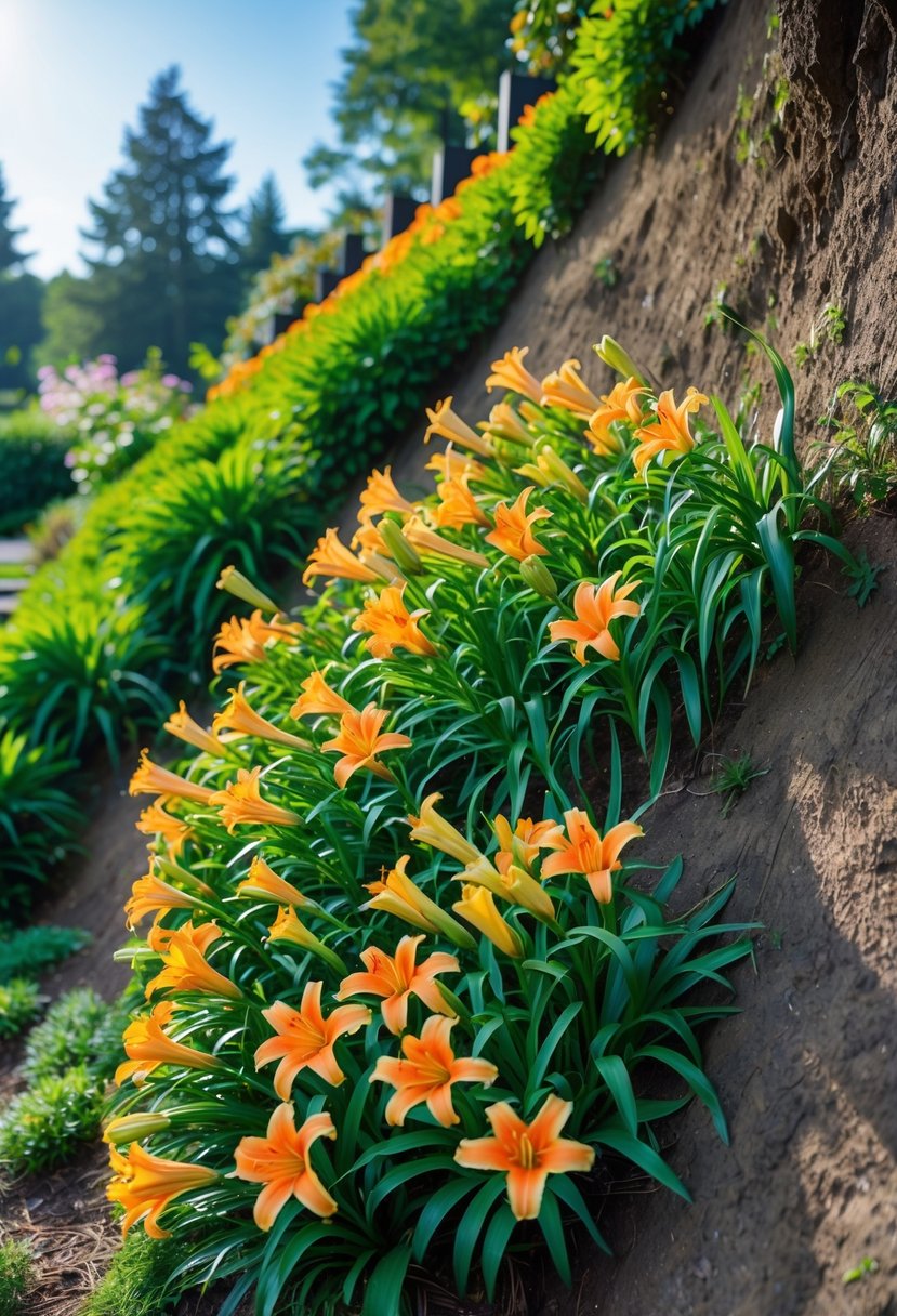 A steep garden slope covered with blooming orange and yellow daylilies surrounded by green foliage under a clear sky.