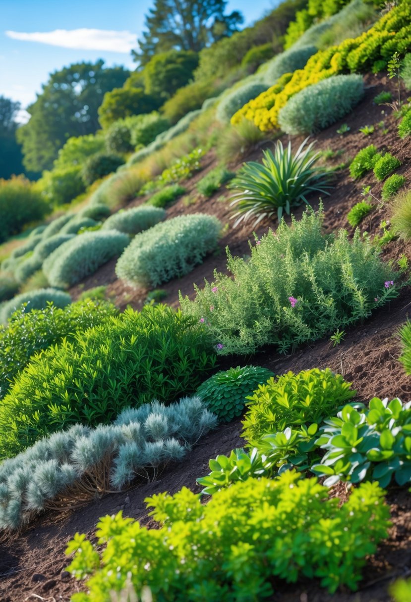 A sloping garden covered with healthy native shrubs and plants under a clear blue sky.