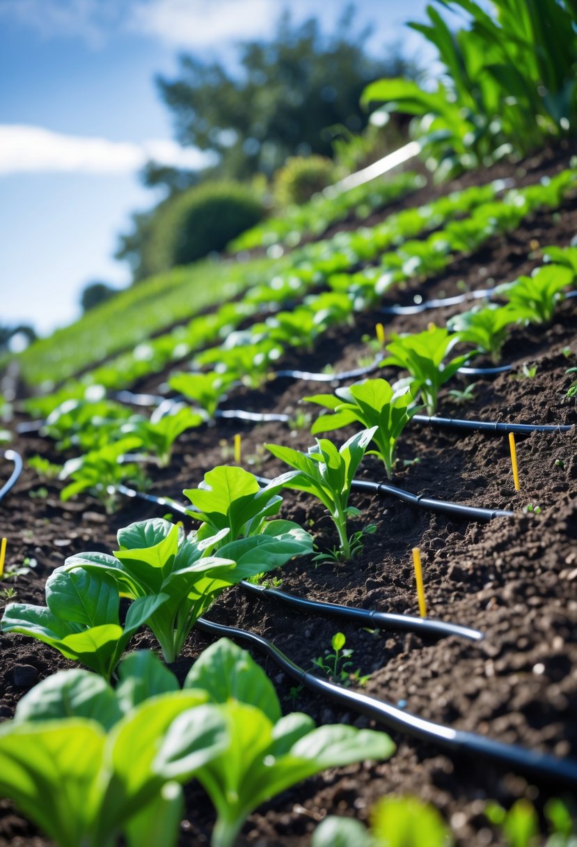 A garden on a gentle slope with drip irrigation tubing watering healthy plants.