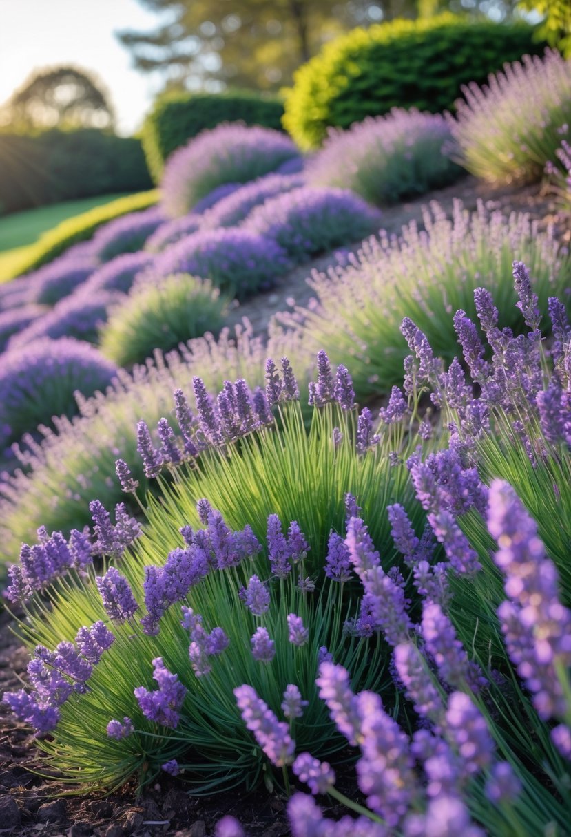 A garden slope densely covered with blooming purple lavender plants under a clear blue sky.
