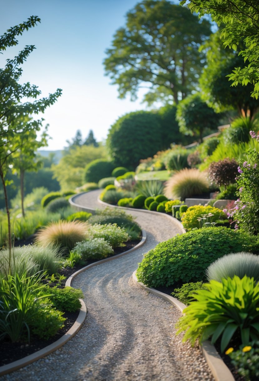 Winding gravel path curving through a garden on a gentle slope surrounded by green plants and flowering shrubs.