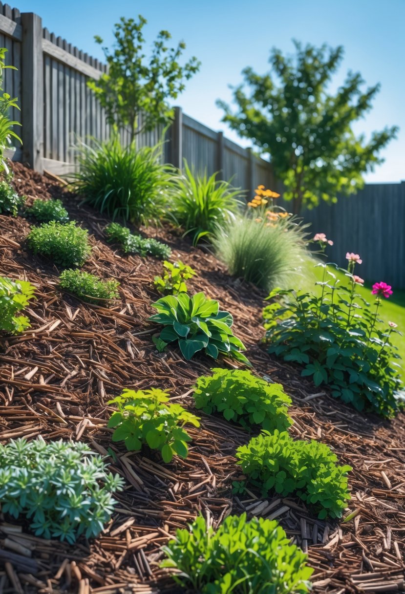 A garden on a gentle slope with brown mulch around green plants and flowers, showing healthy vegetation and a wooden fence in the background.