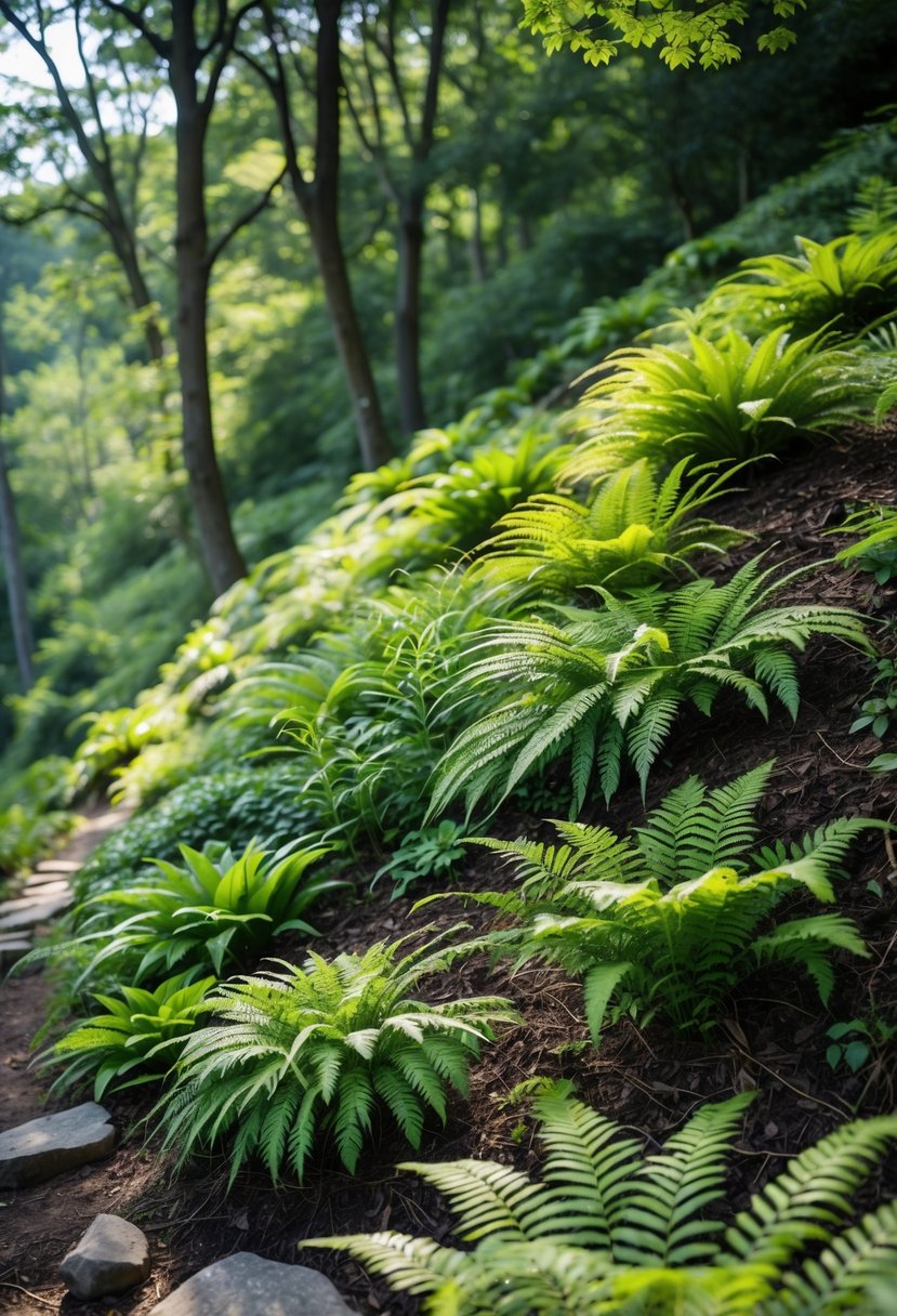A shaded garden slope covered with healthy green ferns and natural woodland surroundings.