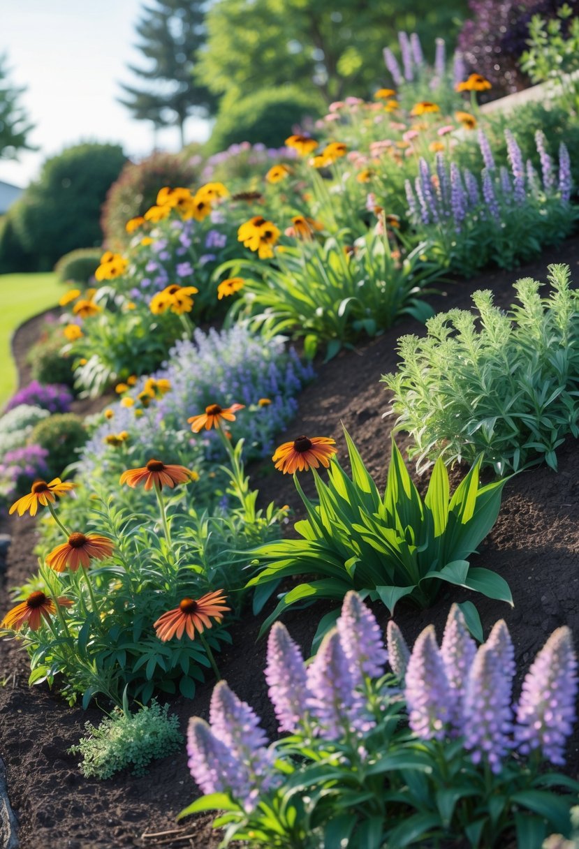 A garden slope covered with a colorful mix of flowering perennial plants in full bloom under a clear sky.