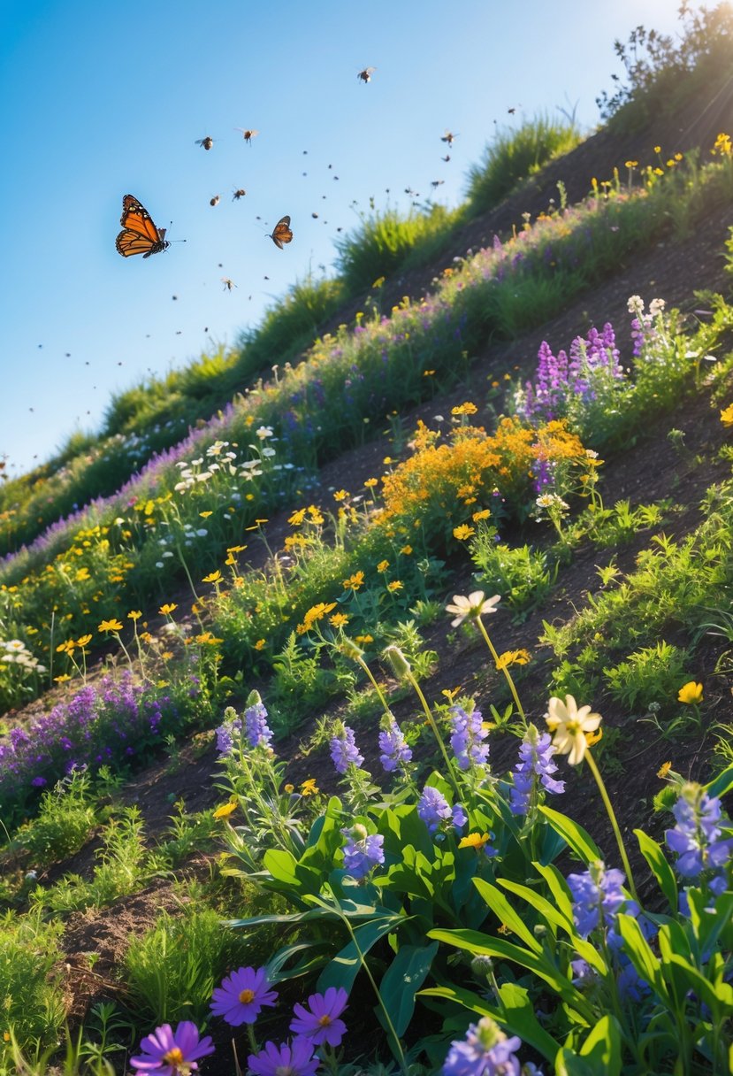 A sloping garden filled with colorful native wildflowers and pollinators like bees and butterflies among green plants.