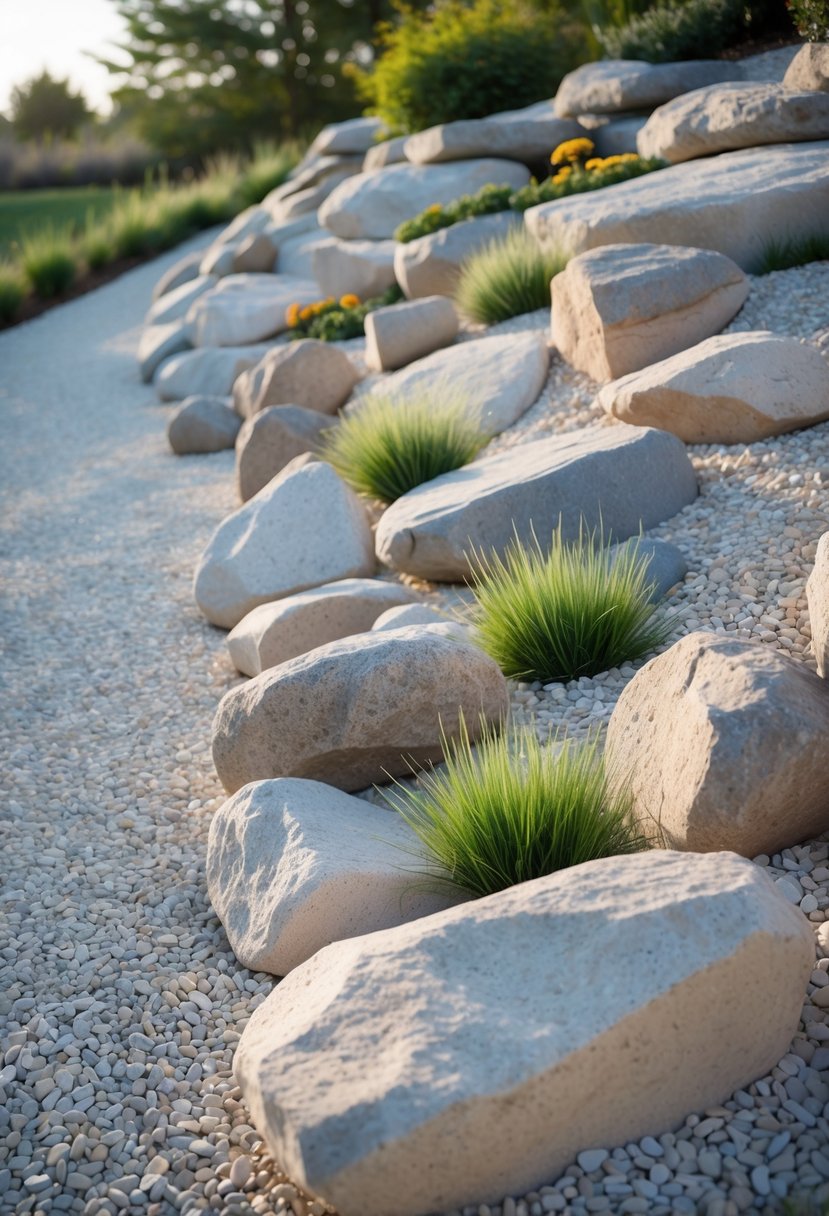 A rock garden on a slope with large stones and gravel arranged for drainage and low maintenance.