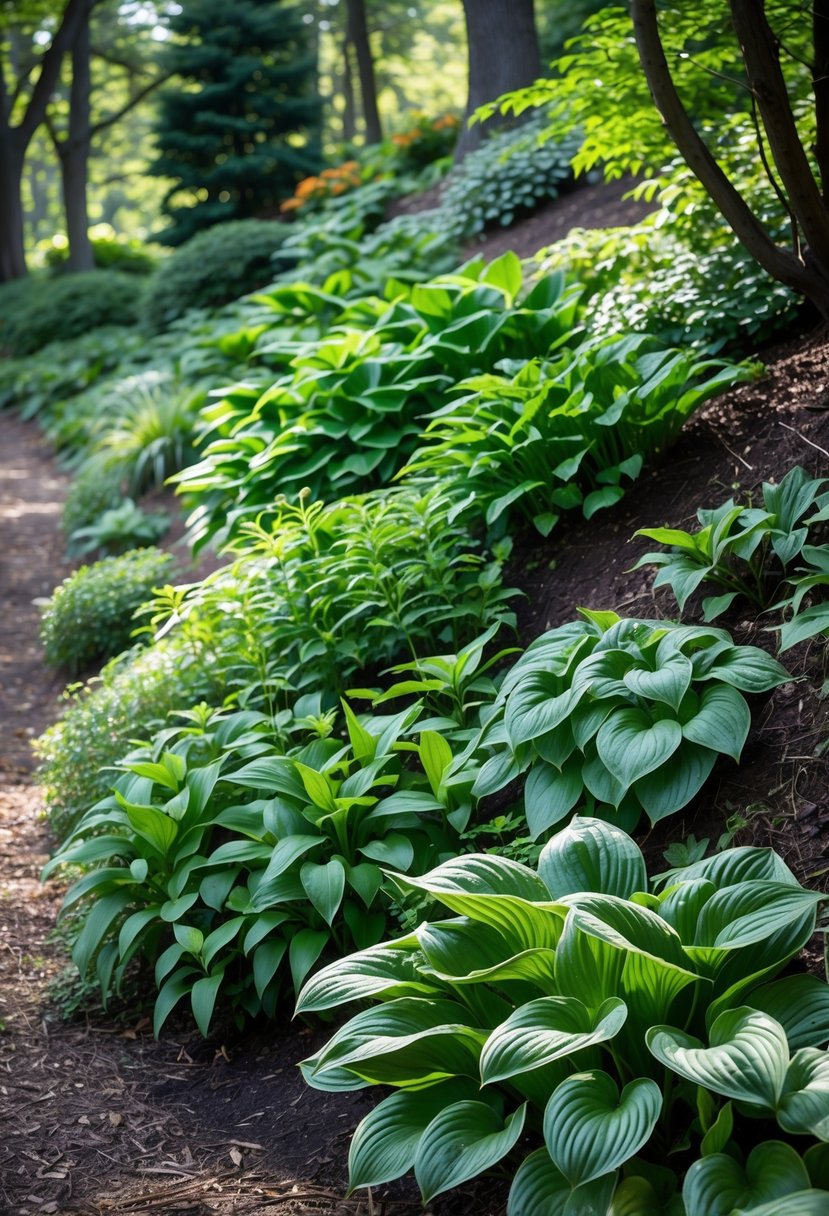 A sloped garden densely covered with green hosta plants growing in shade under trees.