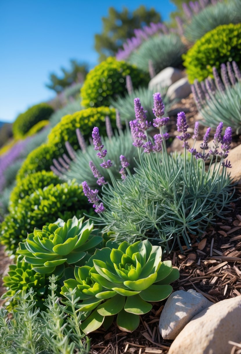 A sloped garden with green sedum and purple lavender plants growing among rocks and mulch under a clear sky.