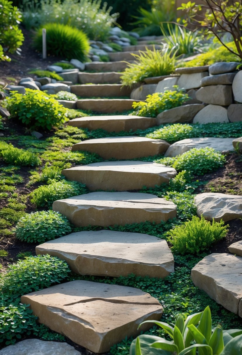 Stone steps on a gentle slope surrounded by green ground cover plants in a garden.