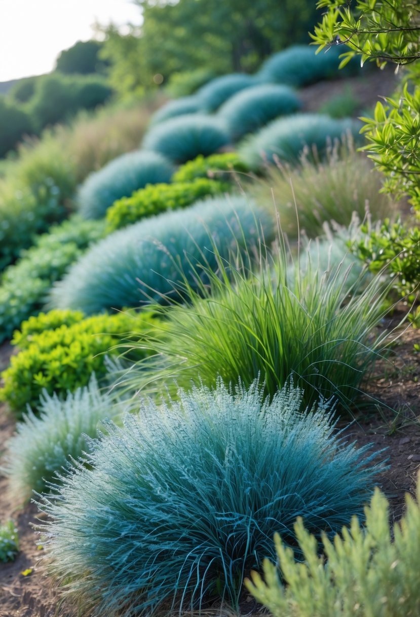 A sloped garden with clusters of blue fescue ornamental grasses and other low-maintenance plants under natural daylight.