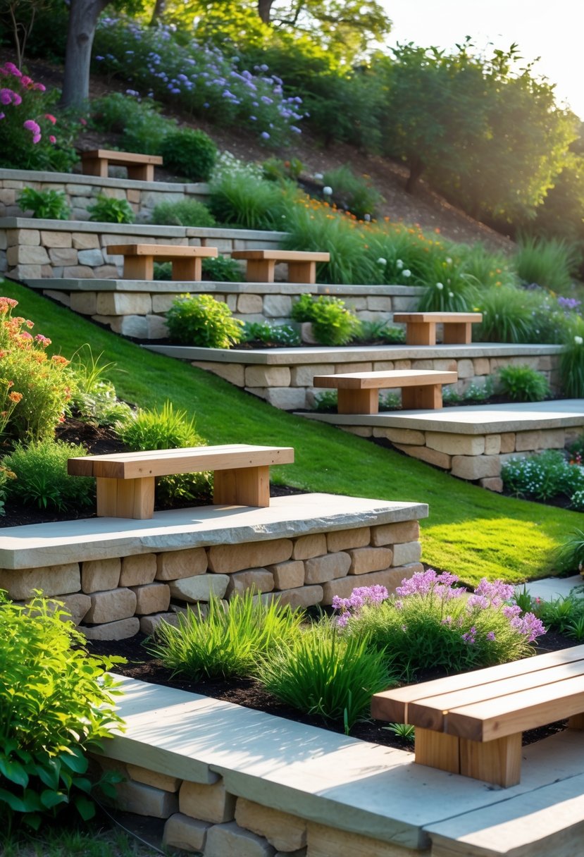 A garden on a gentle slope with flat terraces featuring wooden benches surrounded by plants and stone walls.