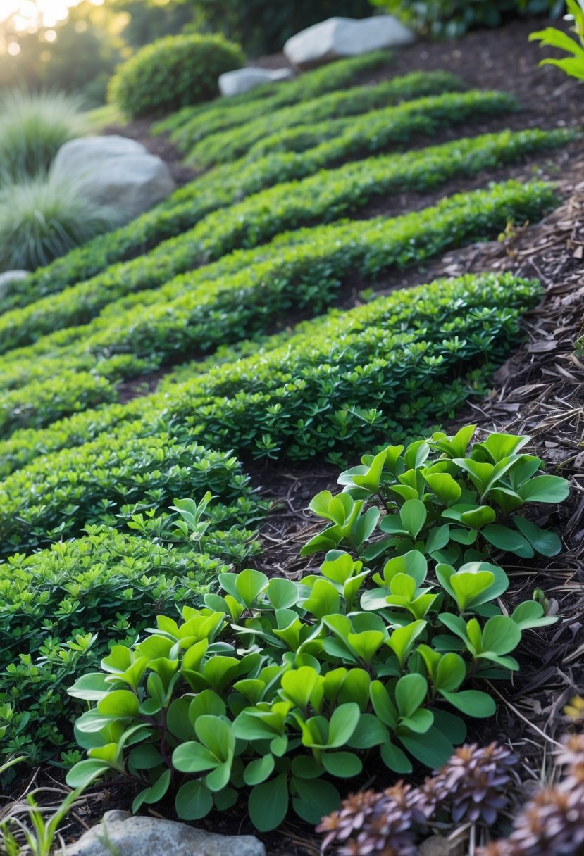 A sloping garden covered with dense green and purple creeping groundcovers like thyme and ajuga.
