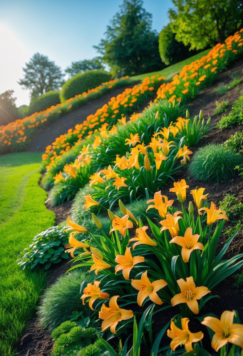 A garden slope covered with blooming orange and yellow daylilies under a clear blue sky.
