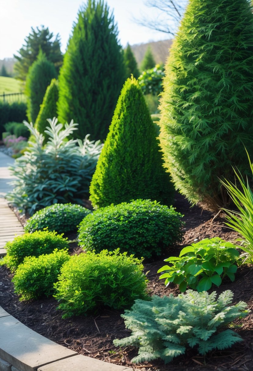 A garden on a gentle slope with green evergreen shrubs planted for year-round structure and low maintenance.
