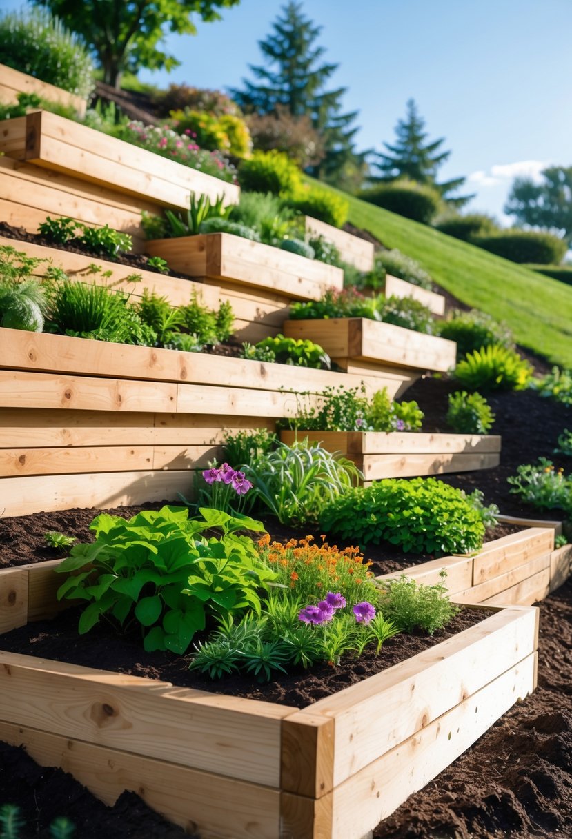 Tiered garden beds on a slope with wooden retaining walls filled with plants and flowers.