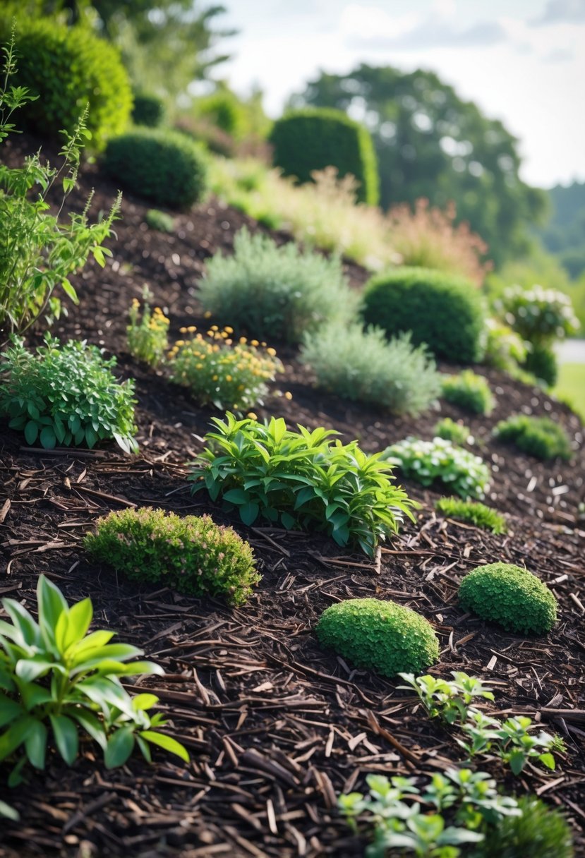 A garden on a slope with dark mulch covering the soil around green plants and shrubs.
