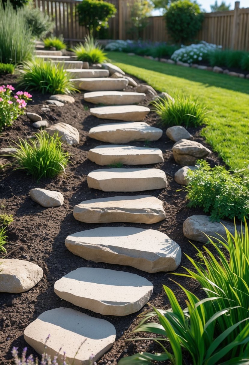 A garden with natural stone steps installed on a gentle slope surrounded by grass and plants.