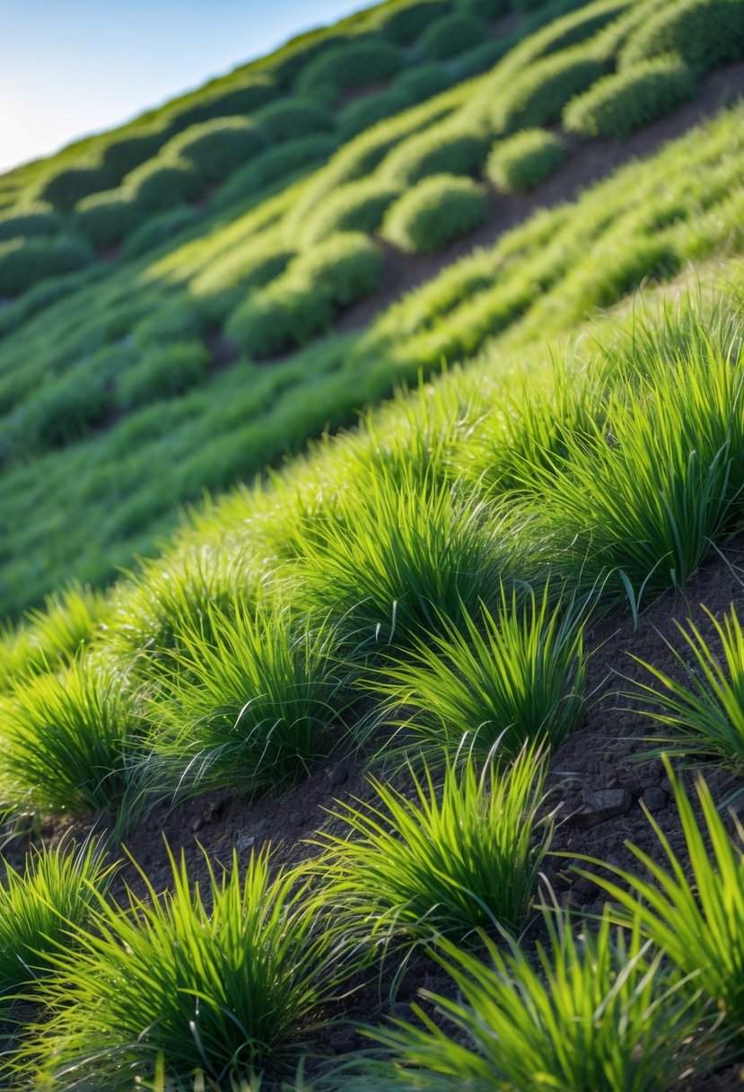 A sloping garden hillside covered with dense green ornamental rye grass to prevent soil erosion.